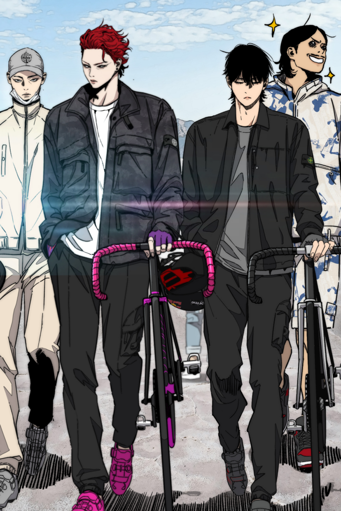 Picture of a group of cyclist, each one of them wearing Stone Island clothes, recognizable only thanks to a subtle logo