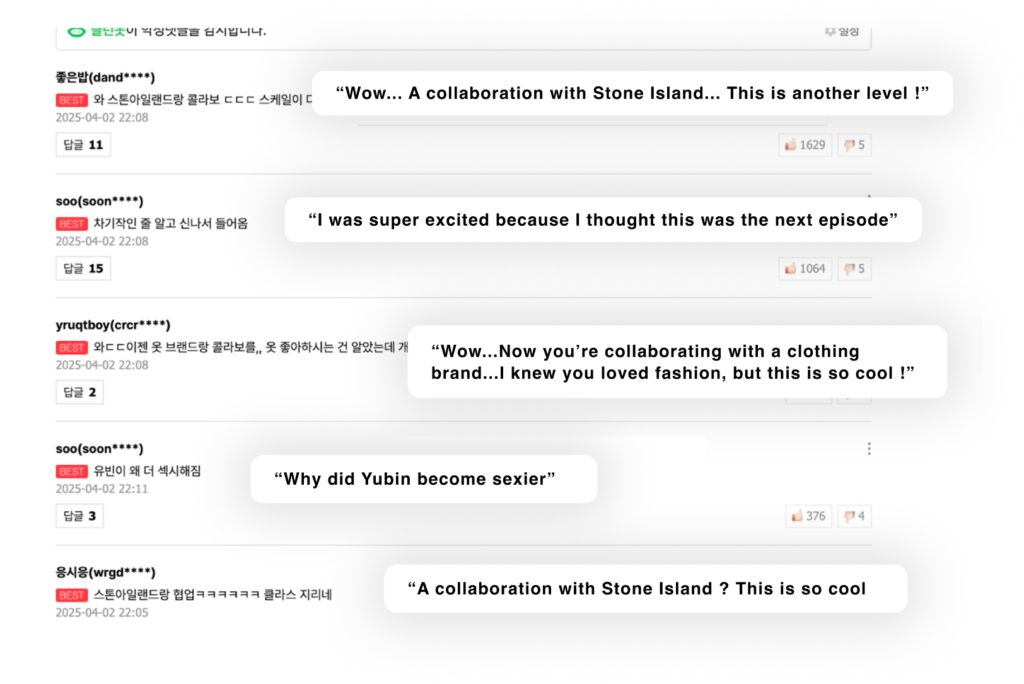 Top comments that received the most likes by other users, a lot of them having positive words about Stone Island