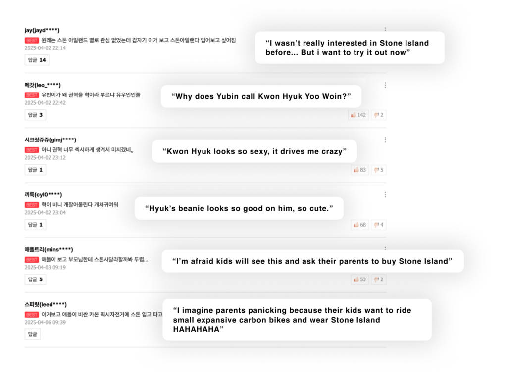 Top comments that received the most likes by other users, a lot of them having positive words about Stone Island