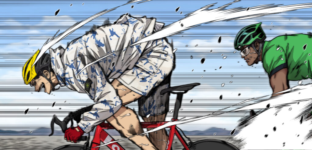 Panel from the WEBTOON series Stone Breaker, showing two cyclist and one wearing a branded Stone Island jacket